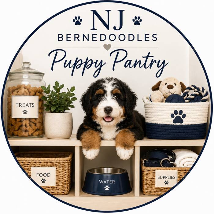 NJ Bernedoodles Puppy Pantry badge graphic with puppy, treats, and supplies